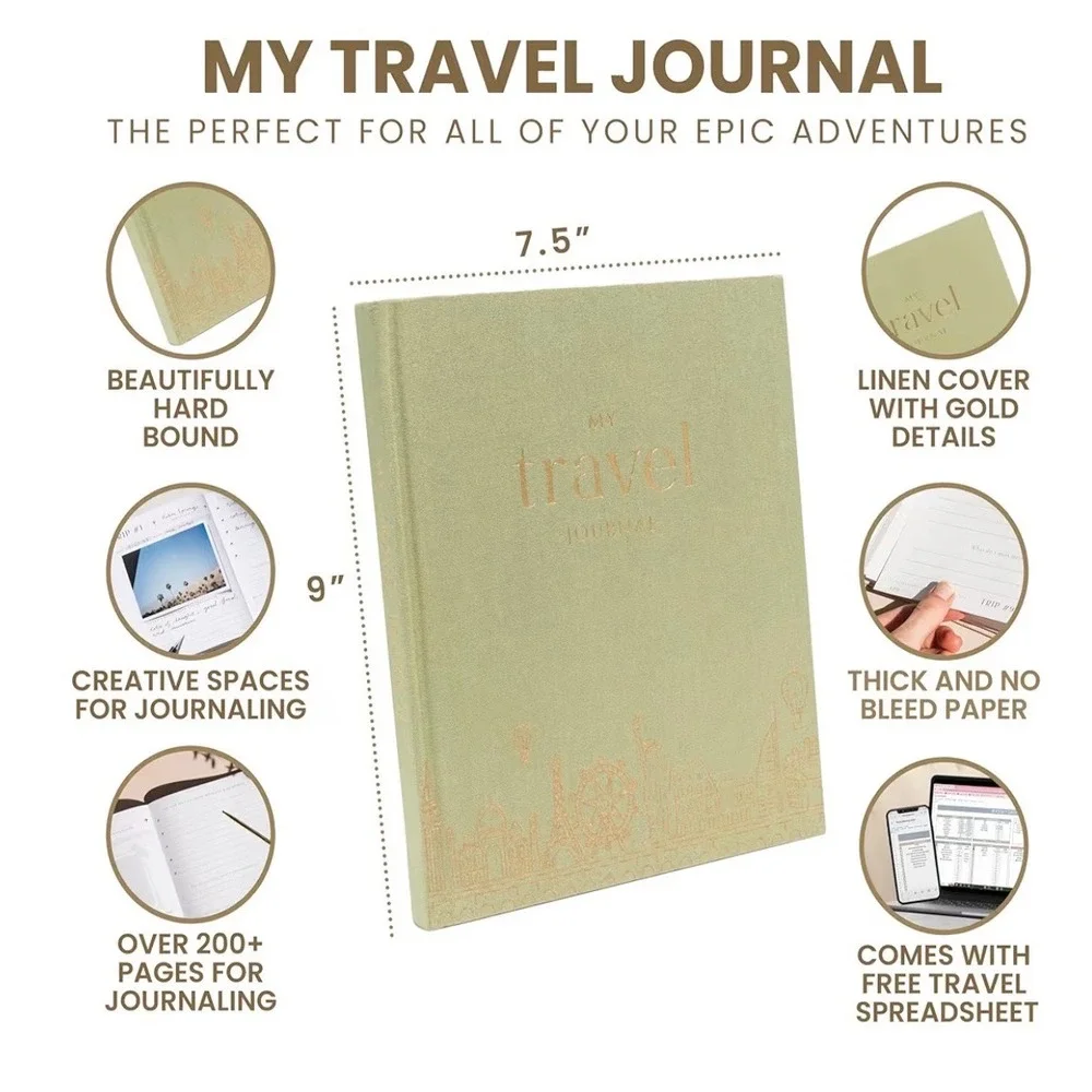 My Travel Journal Sage Green Linen Hardcover Guided Planner 200+ Pages 9x7.5 NEW